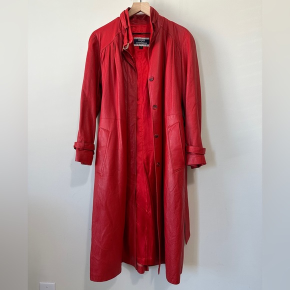 Vintage Red Genuine Leather Belted Trench Coat By Breier of Amsterdam Size 10 - Picture 2 of 16